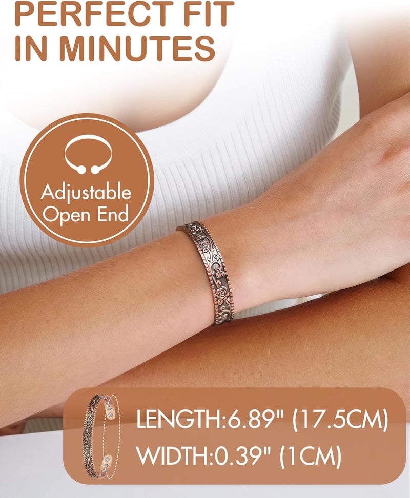 Feraco Pure Copper Bracelets for Women, 12X Enhanced Strength Magnetic Cuff Bangle for Women, 3800 Gauss Neodymium Magnets, Adjustable (Rosevine) - Image 3